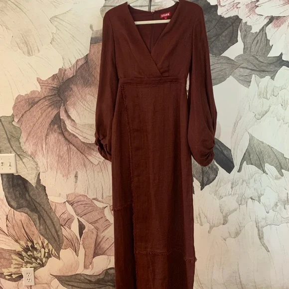 knee length dresses for ladies Linen Maxi Dress with Puff Sleeves - Linen Wrap Dress in Navy - Summer Plus Size Dress main image 1